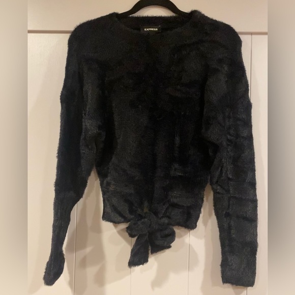 Women’s Express Black Fuzzy Sweater with Front Knot/Bow - Size M - Picture 2 of 6